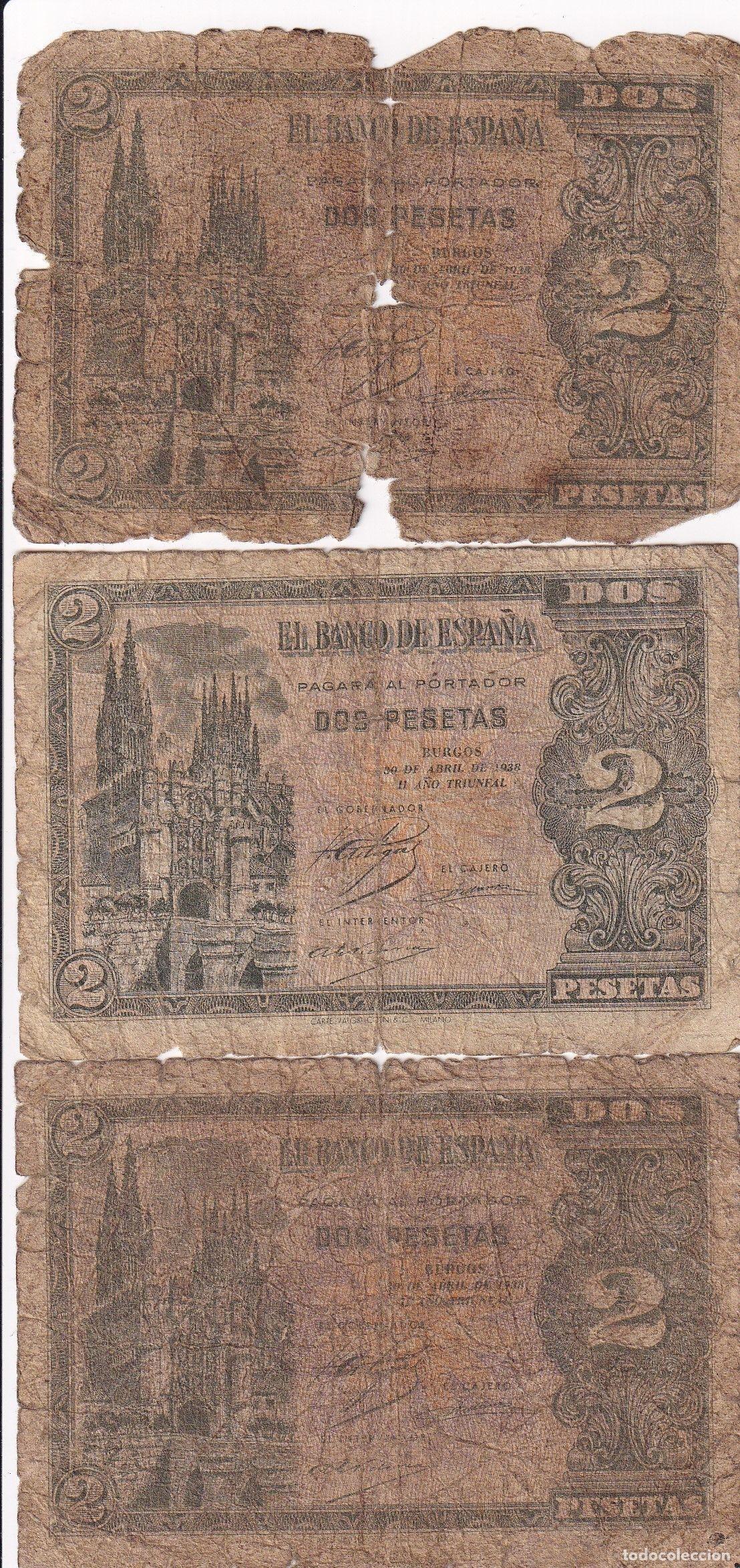 Spanish Banknotes: CRBS1641 LOTE DE 3 BILLETES ESPA&Ntilde;A 2 PESETAS 1938 USADOS