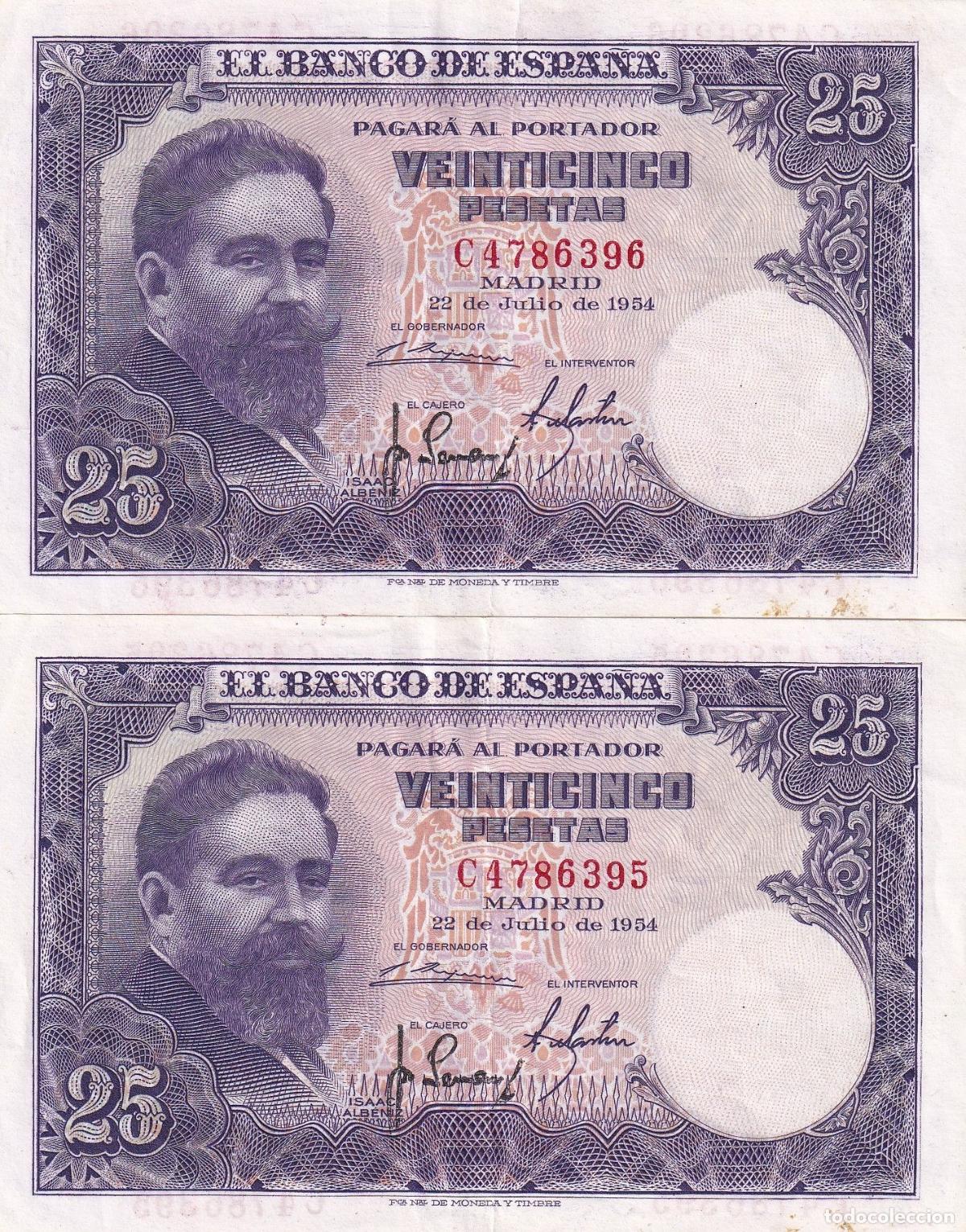 Spanische Banknoten: CRBS1674 PAREJA CORRELATIVA BILLETES ESPA&Ntilde;A 25 PESETAS 1954 SERIE C MBC-