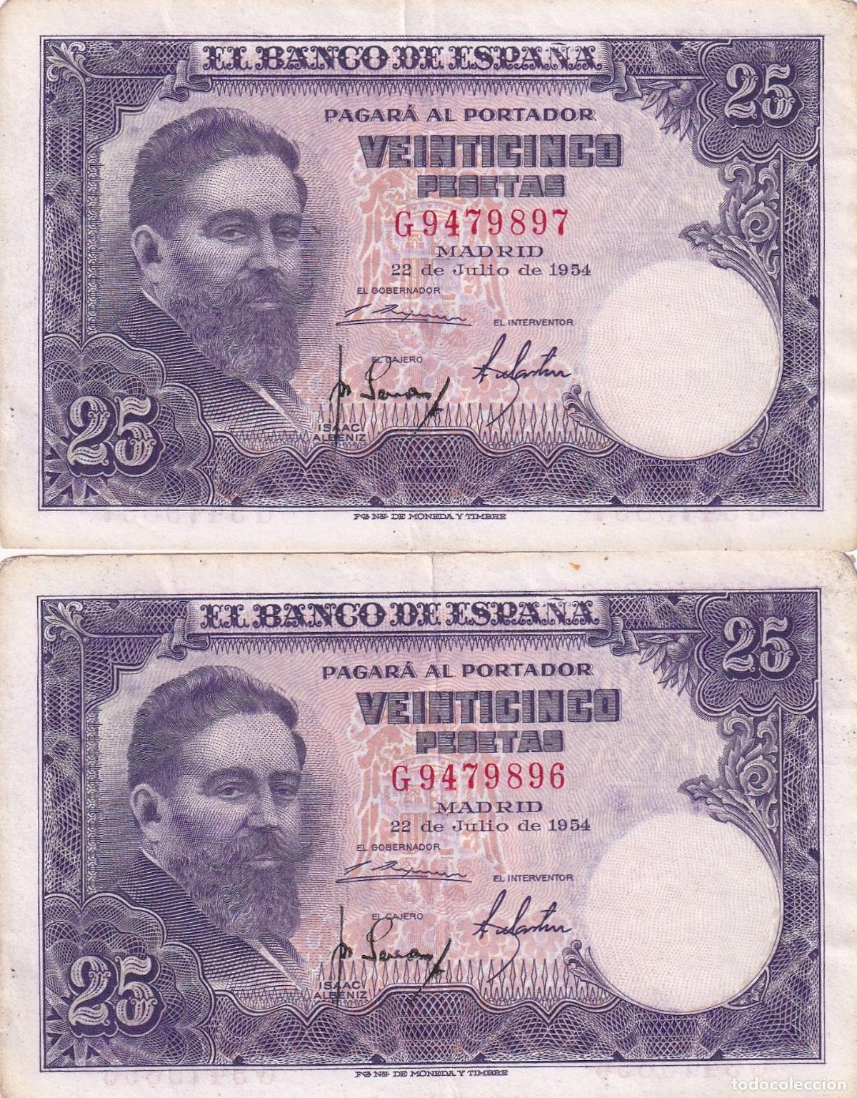 Spanische Banknoten: CRBS1675 PAREJA CORRELATIVA BILLETES ESPA&Ntilde;A 25 PESETAS 1954 SERIE G BC+