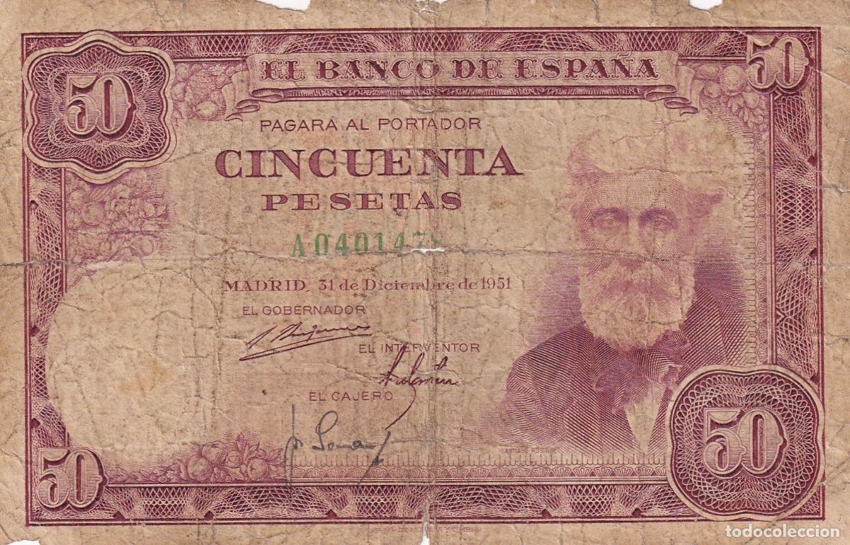 Spanische Banknoten: CRBS1681 BILLETE ESPA&Ntilde;A 50 PESETAS 1951 SERIE A MC USADO