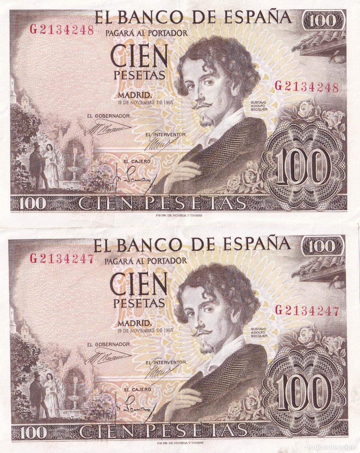 Spanische Banknoten: CRBS1683 PAREJA CORRELATIVA BILLETES ESPA&Ntilde;A 100 PESETAS 1965 SERIE G EBC