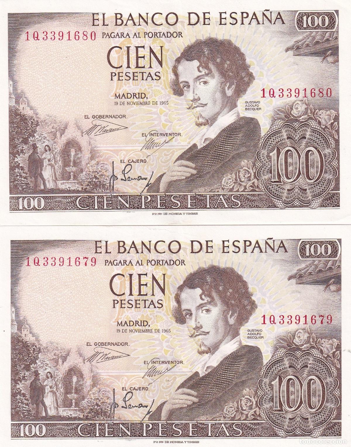Spanische Banknoten: CRBS1687 PAREJA CORRELATIVA BILLETES ESPA&Ntilde;A 100 PESETAS 1965 SERIE 1Q EBC