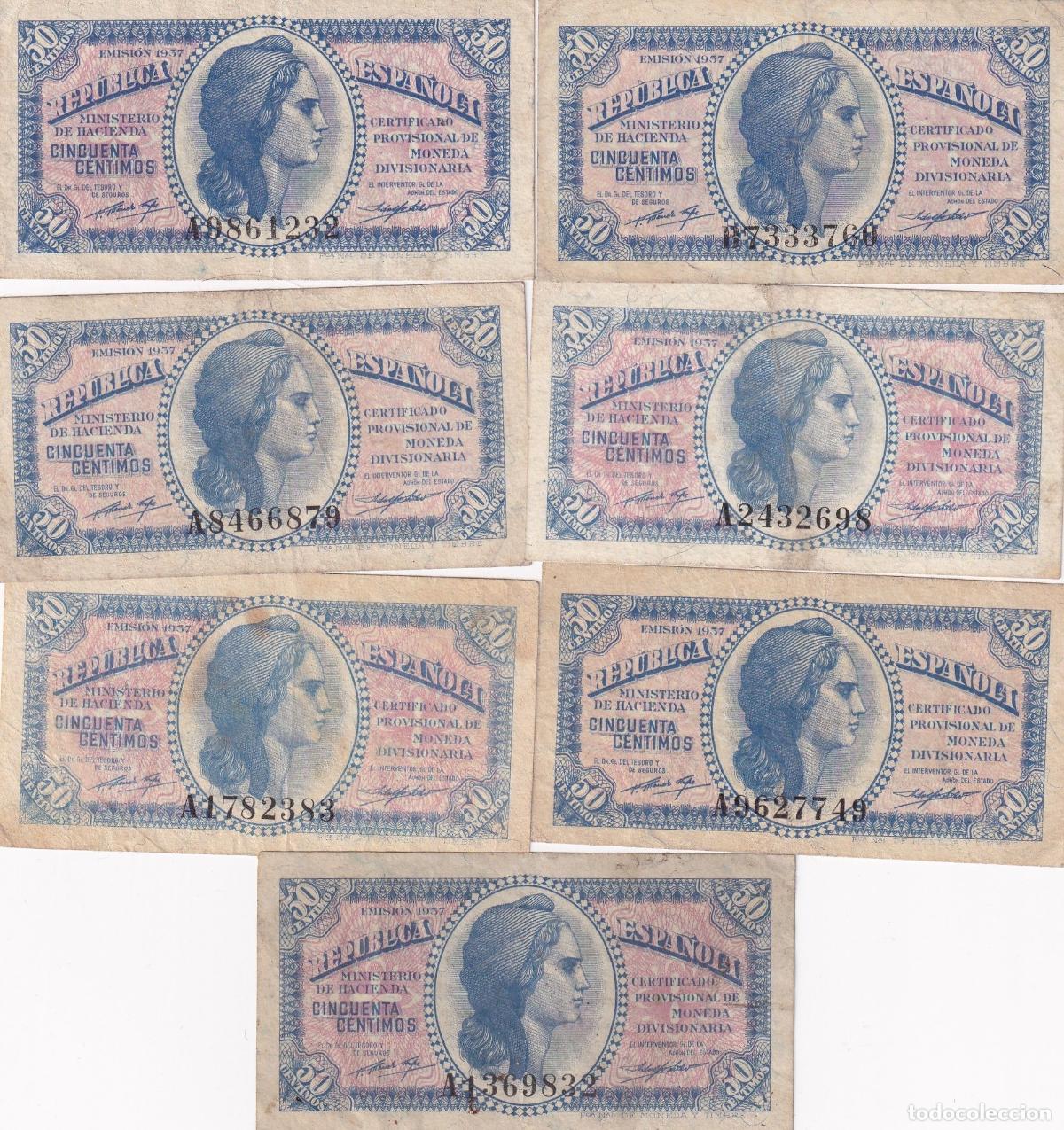 Spanische Banknoten: CRBS1609 LOTE 7 BILLETES ESPA&Ntilde;A SERIE A 50 CENTIMOS BC