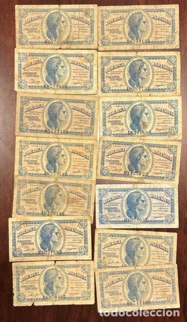 Banconote spagnole: CRBS1736 LOTE 14 BILLETES ESPA&Ntilde;A 50 CENTIMOS 1937 USADOS