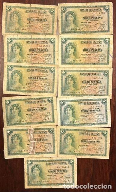 Banconote spagnole: CRBS1739 LOTE 11 BILLETES ESPA&Ntilde;A 5 PESETAS 1935 USADOS