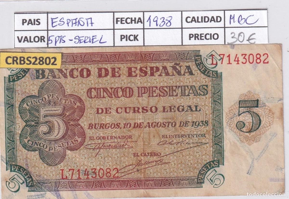 Banconote spagnole: CRBS2802 BILLETE ESPA&Ntilde;A 5 PESETAS 1938 SERIE L MBC