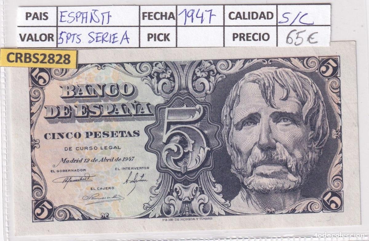 Banconote spagnole: CRBS2828 BILLETE ESPA&Ntilde;A 5 PESETAS 1947 SERIE A SIN CIRCULAR