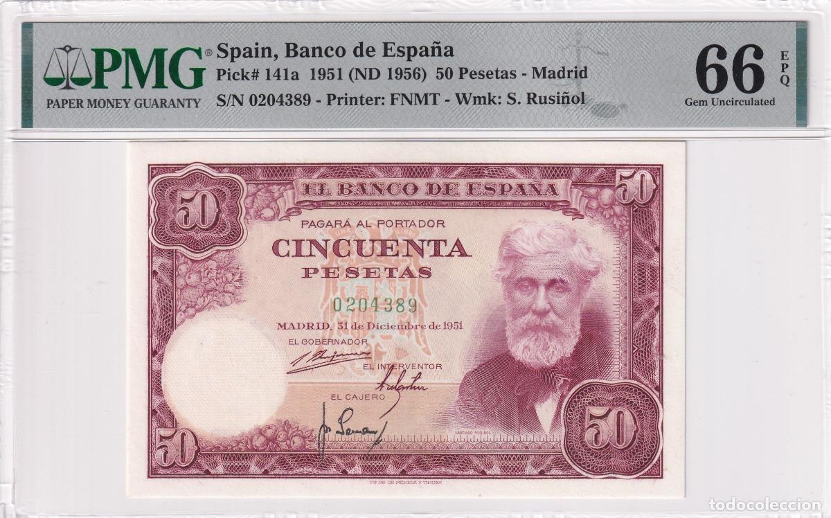 Notas espanholas: CRPMG003 BILLETE ENCAPSULADO ESPA&Ntilde;A 50 PESETAS 1951 SIN SERIE PMG 66
