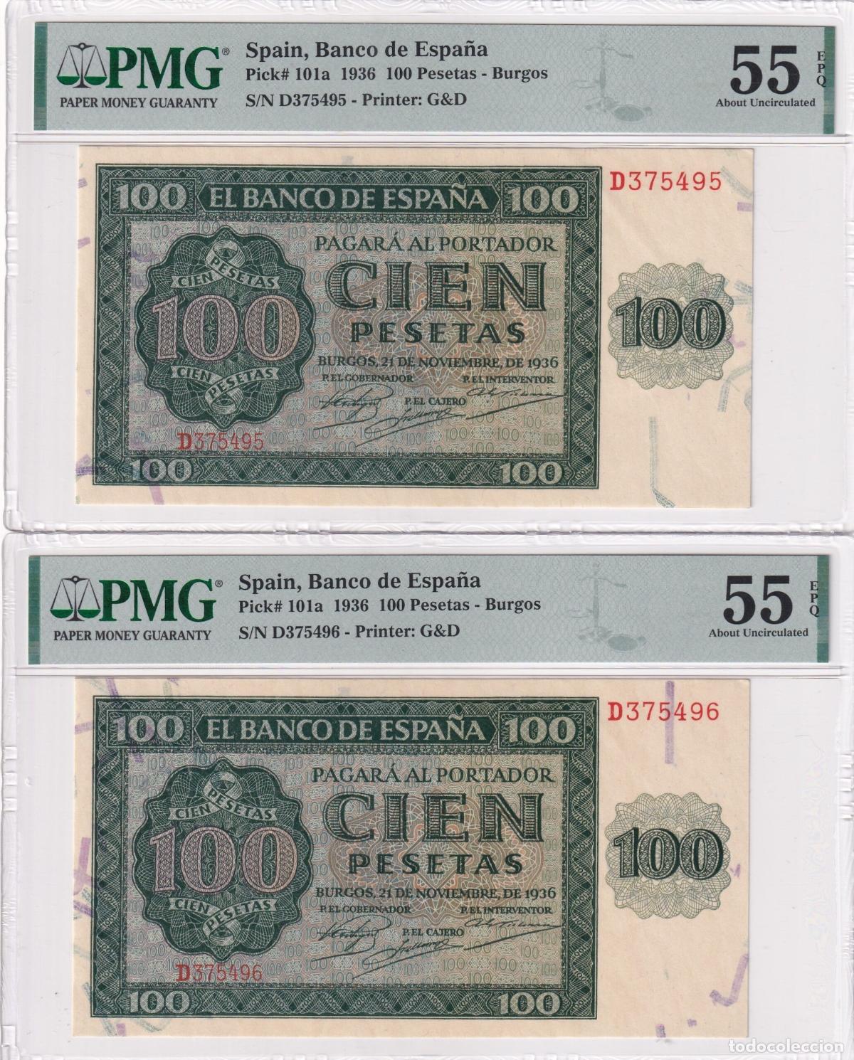 Notas espanholas: CRPMG004 PAREJA BILLETE ENCAPSULADO ESPA&Ntilde;A 100 PESETAS 1936 PMG 55