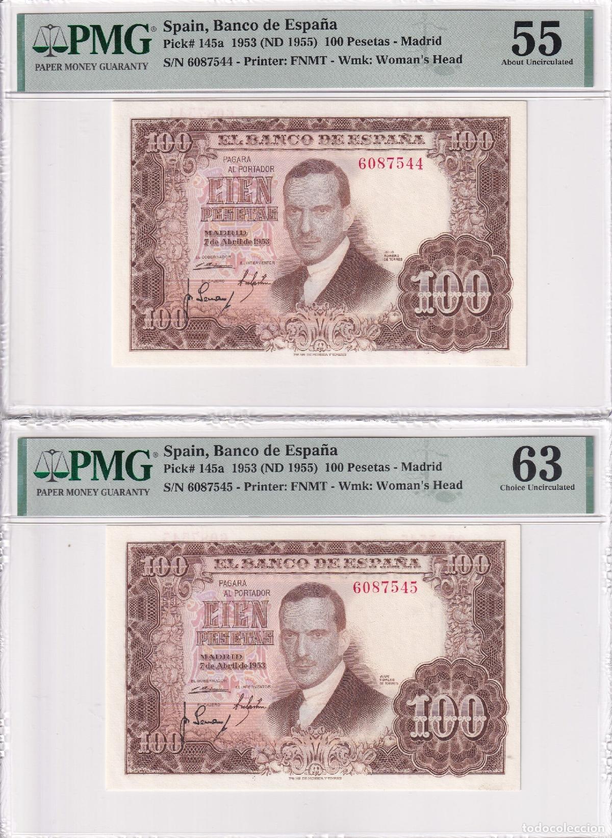 Notas espanholas: CRPMG005 PAREJA BILLETE ENCAPSULADO ESPA&Ntilde;A 100 PTAS 1953 S/S PMG 55/63