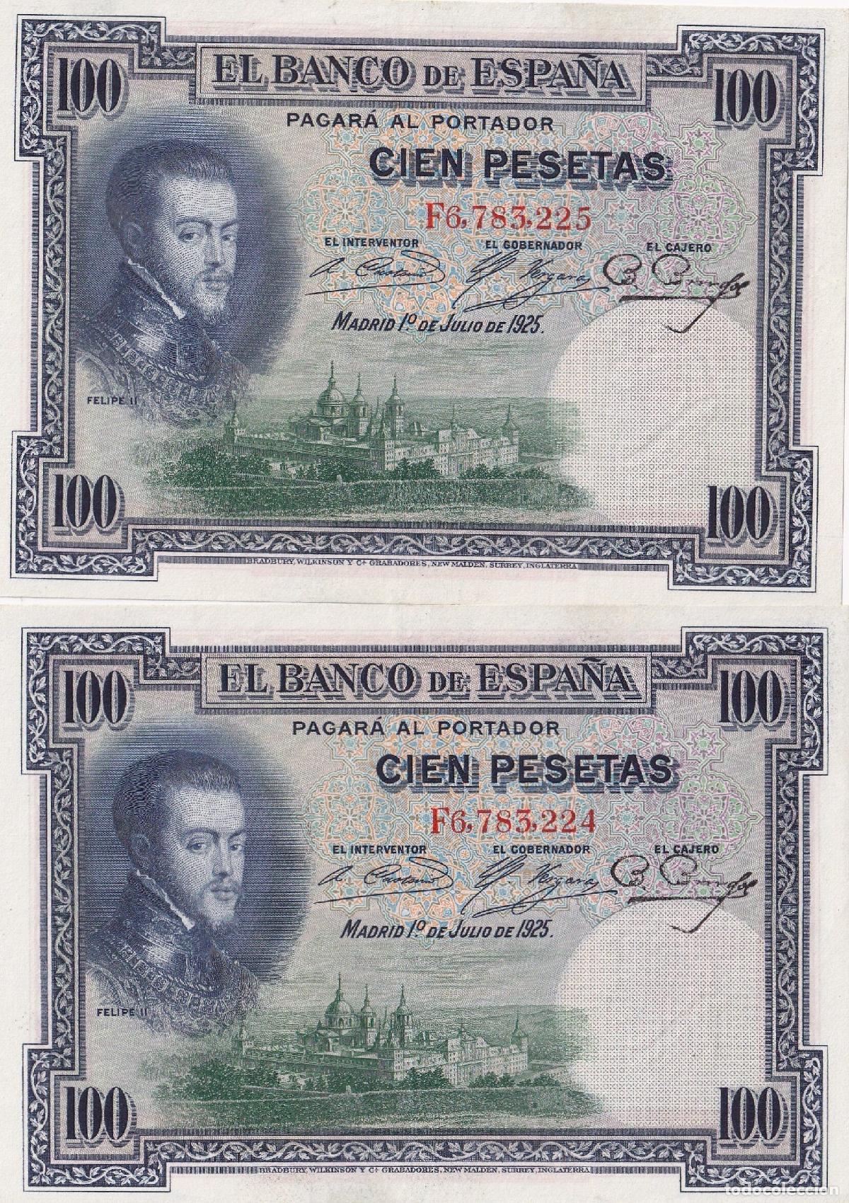 Notas espanholas: CRBS2120 PAREJA CORRELATIVA BILLETES ESPA&Ntilde;A 100 PESETAS 1925 EBC