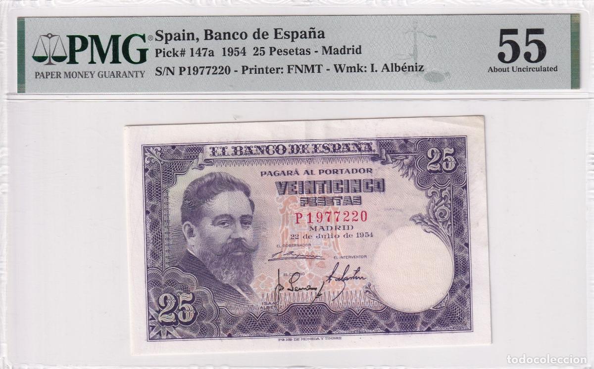Banconote spagnole: CRPMG002 BILLETE ENCAPSULADO ESPA&Ntilde;A 25 PESETAS 1954 SERIE P PGM55