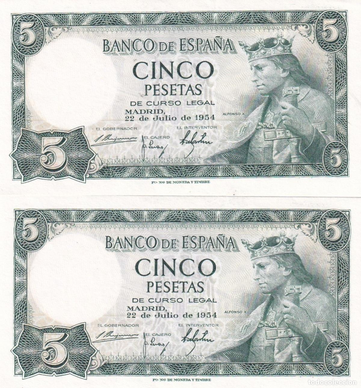 Banconote spagnole: CRBS2124 PAREJA CORRELATIVA BILLETES ESPA&Ntilde;A 5 PESETAS 1954 SERIE H SIN CIRCULAR