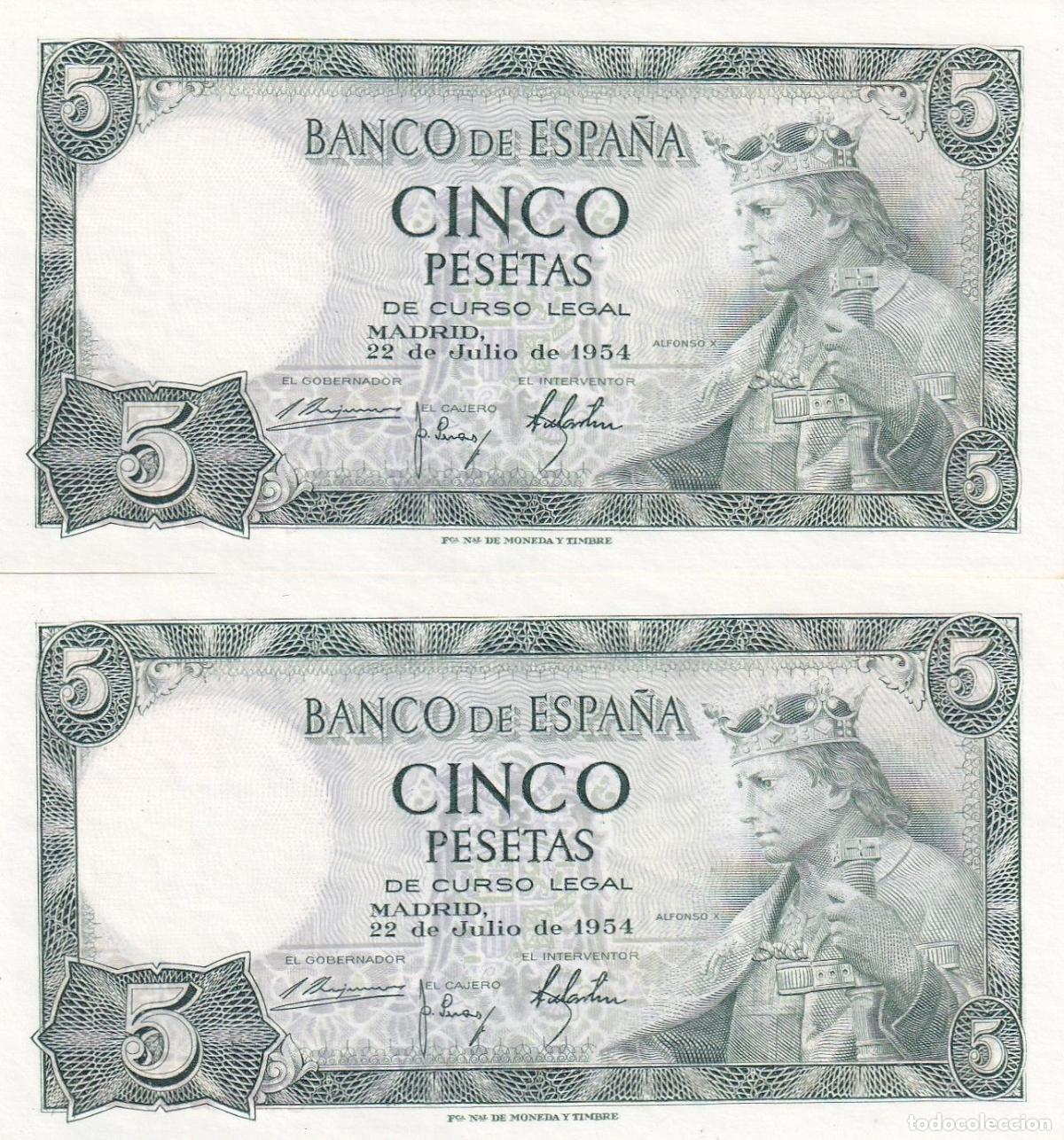 Banconote spagnole: CRBS2125 PAREJA CORRELATIVA BILLETES ESPA&Ntilde;A 5 PESETAS 1954 SERIE J SIN CIRCULAR