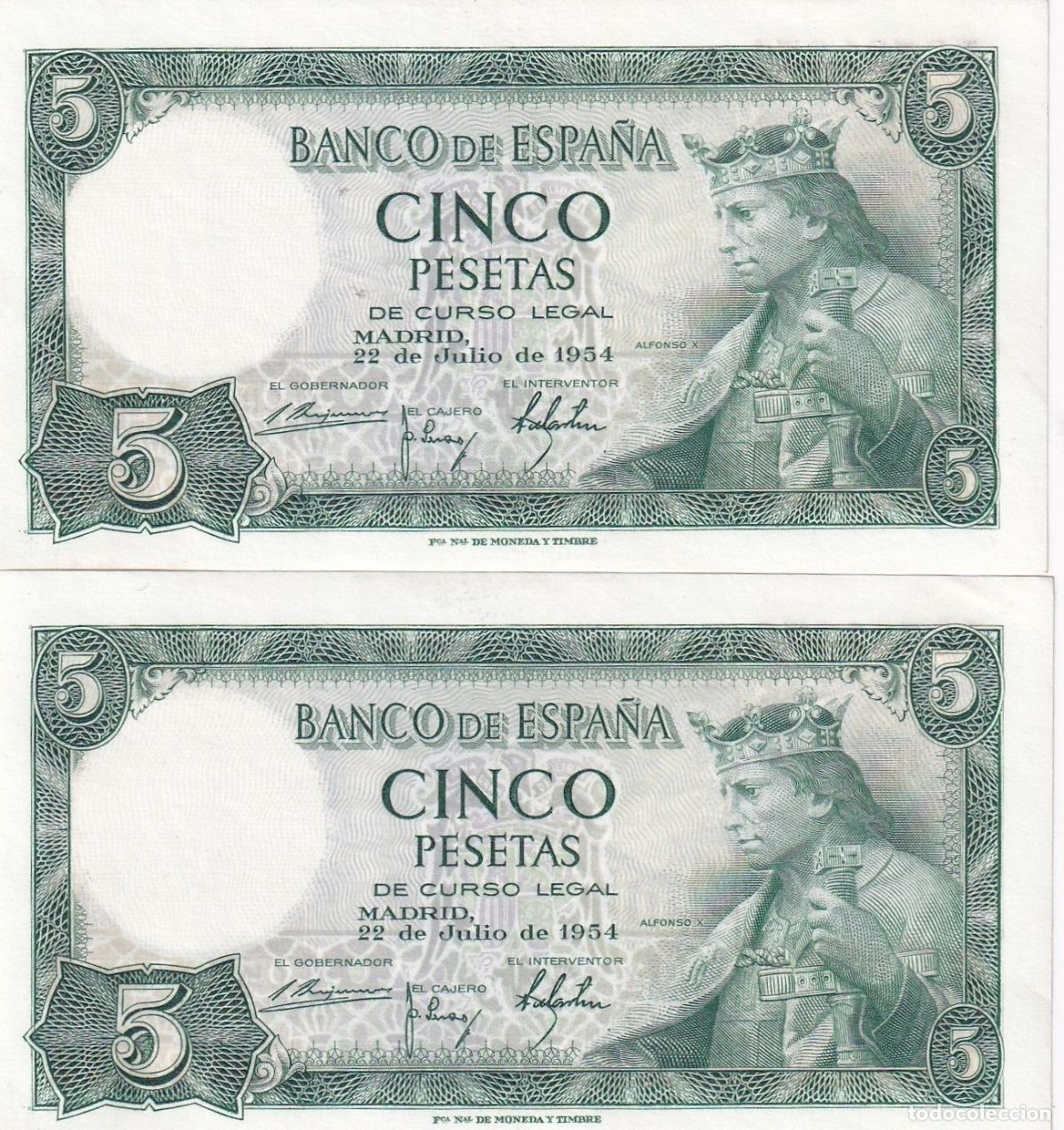 Banconote spagnole: CRBS2126 PAREJA CORRELATIVA BILLETES ESPA&Ntilde;A 5 PESETAS 1954 SERIE I SIN CIRCULAR