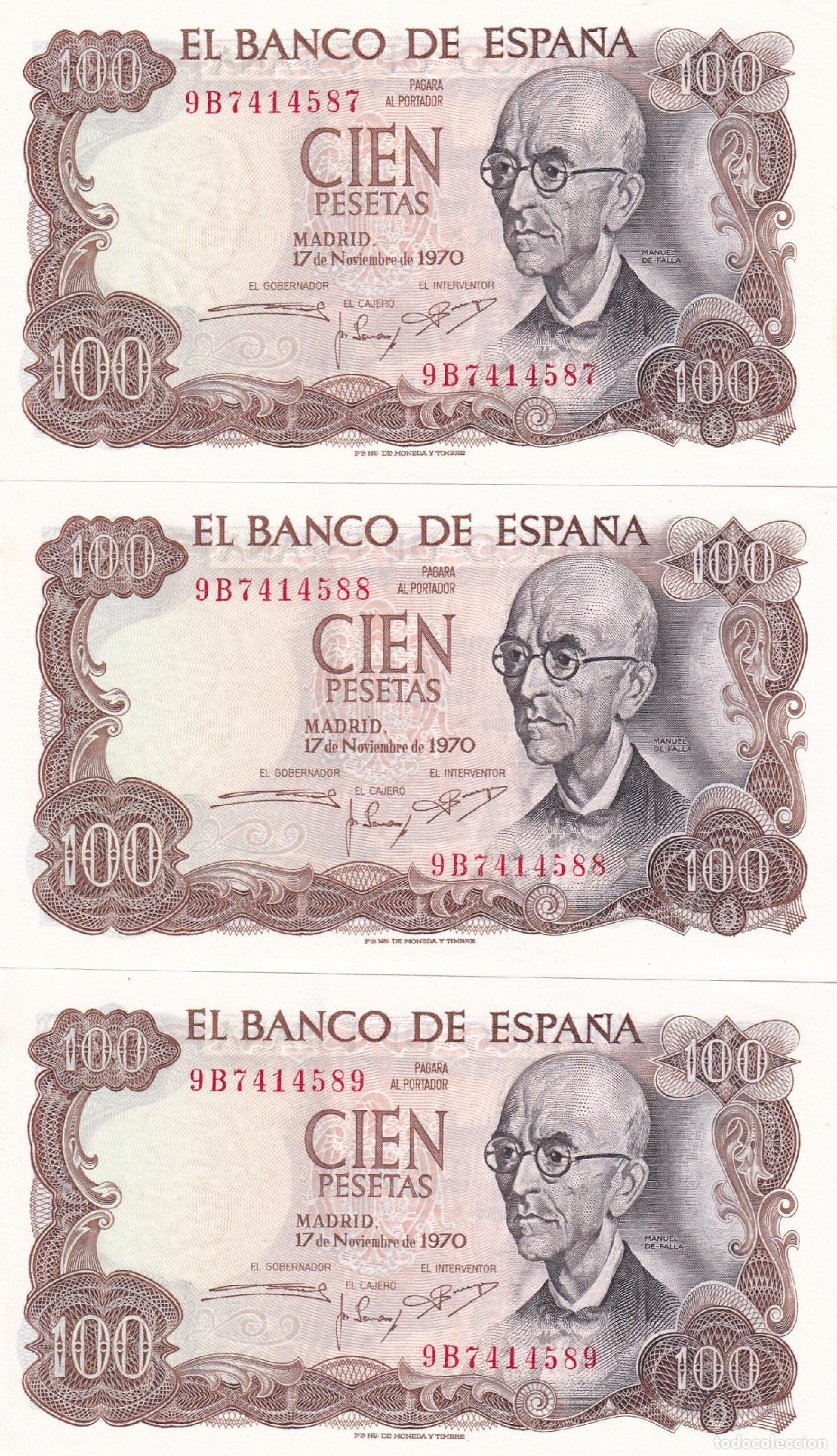 Notas espanholas: CRBS2137 TRIO CORRELATIVO BILLETES ESPA&Ntilde;A 100 PESETAS 1970 SERIE 9B EBC