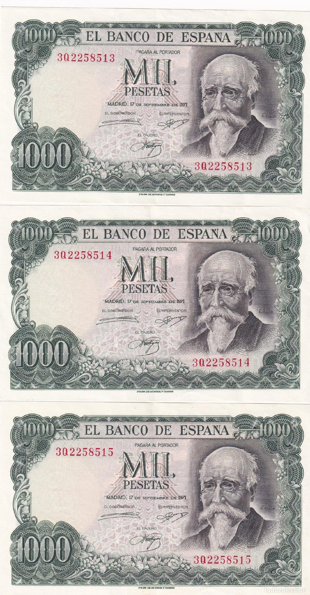Notas espanholas: CRBS2146 TRIO CORRELATIVO BILLETES ESPA&Ntilde;A 1000 PESETAS 1971 MBC+