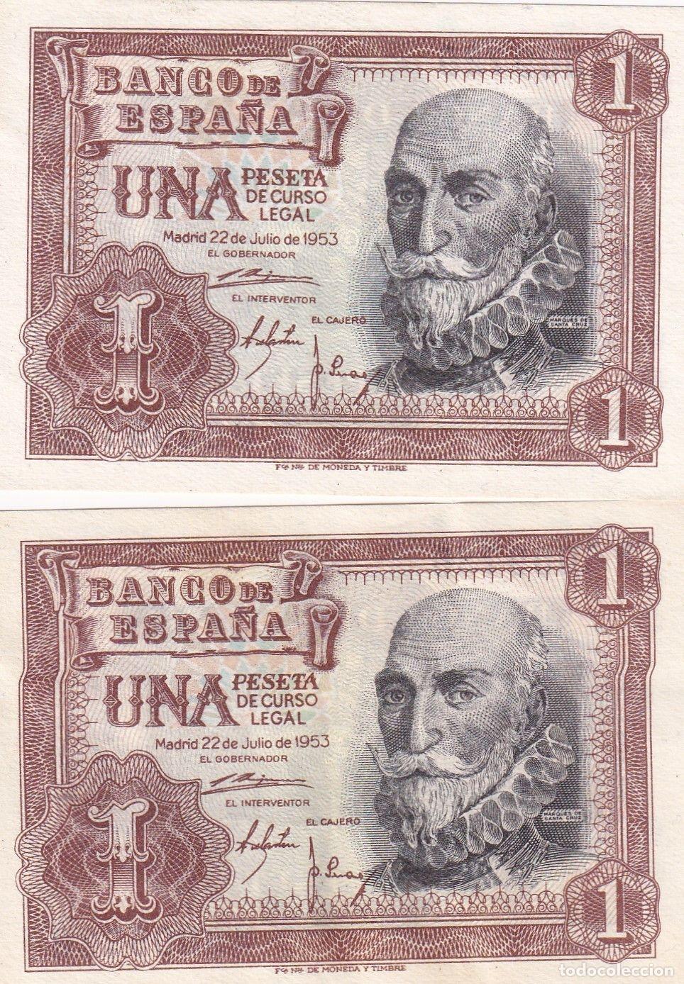 Billetes espa&ntilde;oles: CRBS2462 PAREJA CORRELATIVA BILLETES ESPA&Ntilde;A 1 PESETA 1953 EBC+