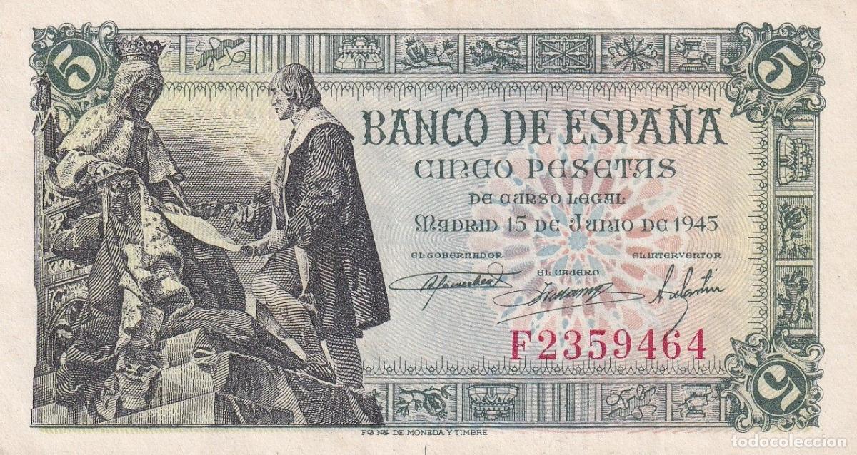 Spanische Banknoten: CRBS2528 BILLETE ESPA&Ntilde;A 5 PESETAS 1945 SERIE F MBC+