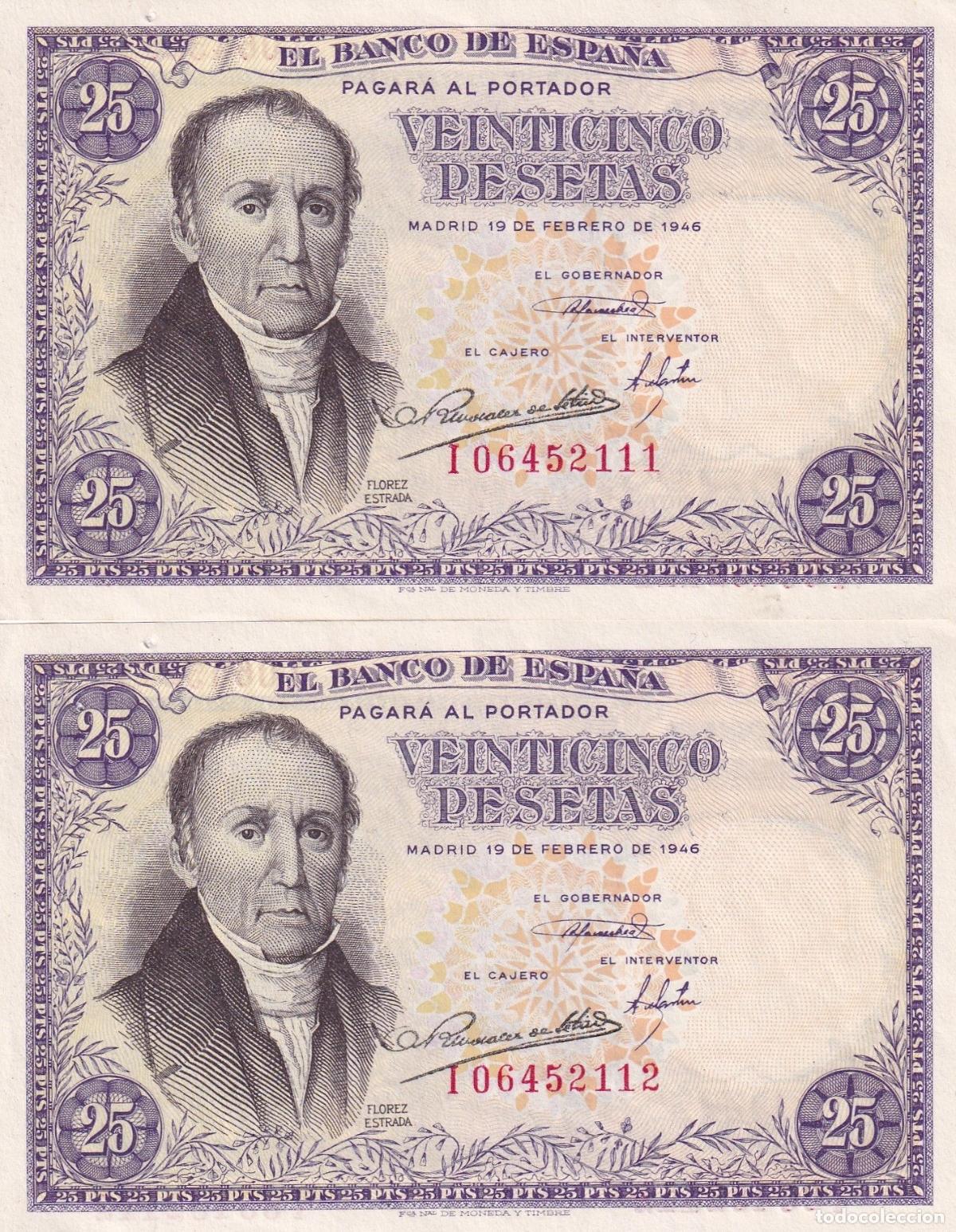 Spanische Banknoten: CRBS2535 PAREJA CORRELATIVA BILLETES ESPA&Ntilde;A 25 PESETAS 1946 SERIE I EBC+