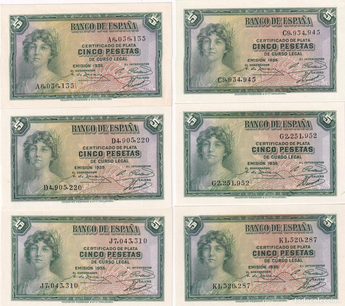Banconote spagnole: CRBS2580 LOTE DE 6 BILLETES ESPA&Ntilde;A 5 PESETAS 1935 DIF. SERIES SIN CIRCULAR