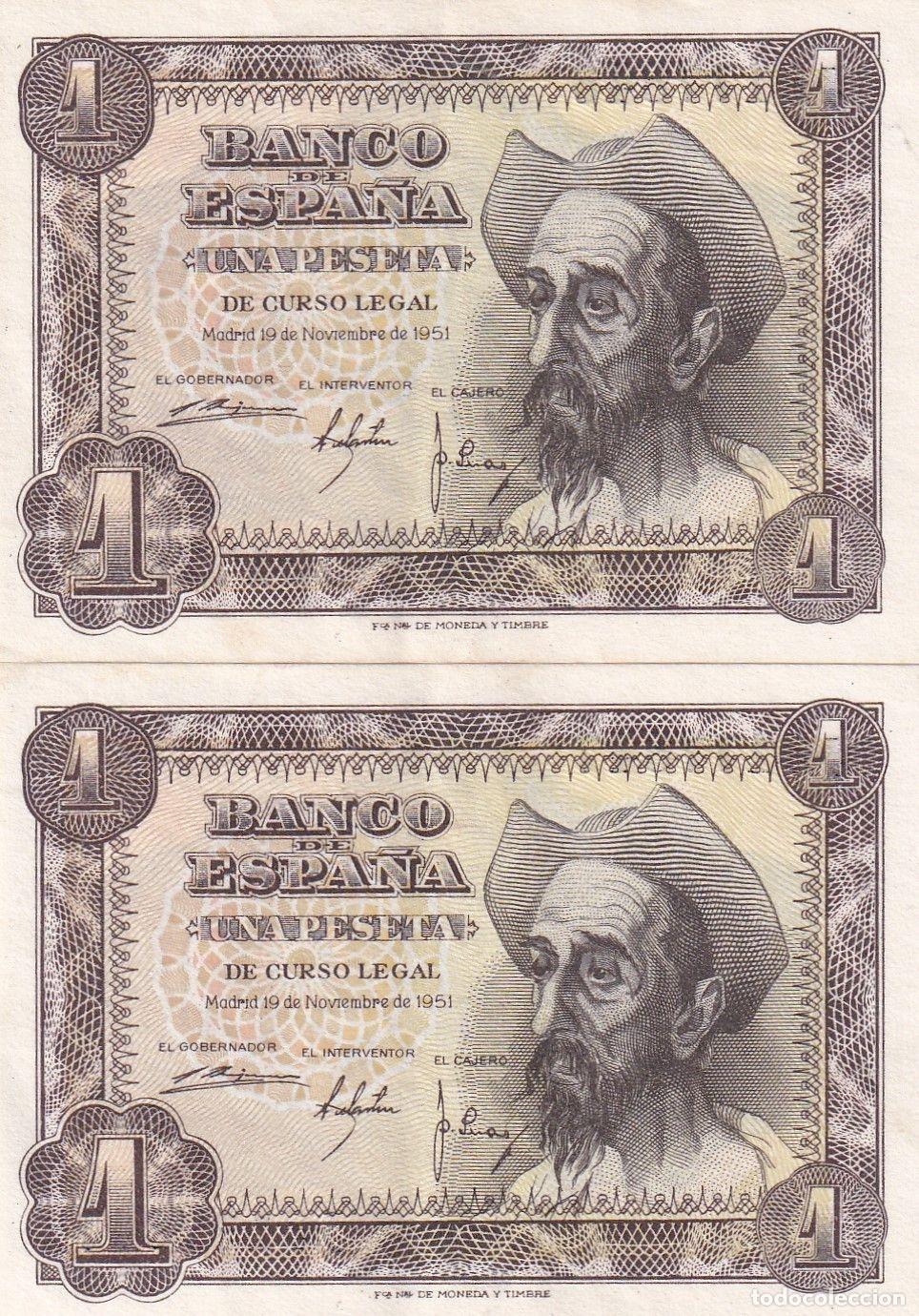 Banconote spagnole: CRBS2470 PAREJA CORRELATIVA BILLETES ESPA&Ntilde;A 1 PESETA 1951 SERIE J EBC