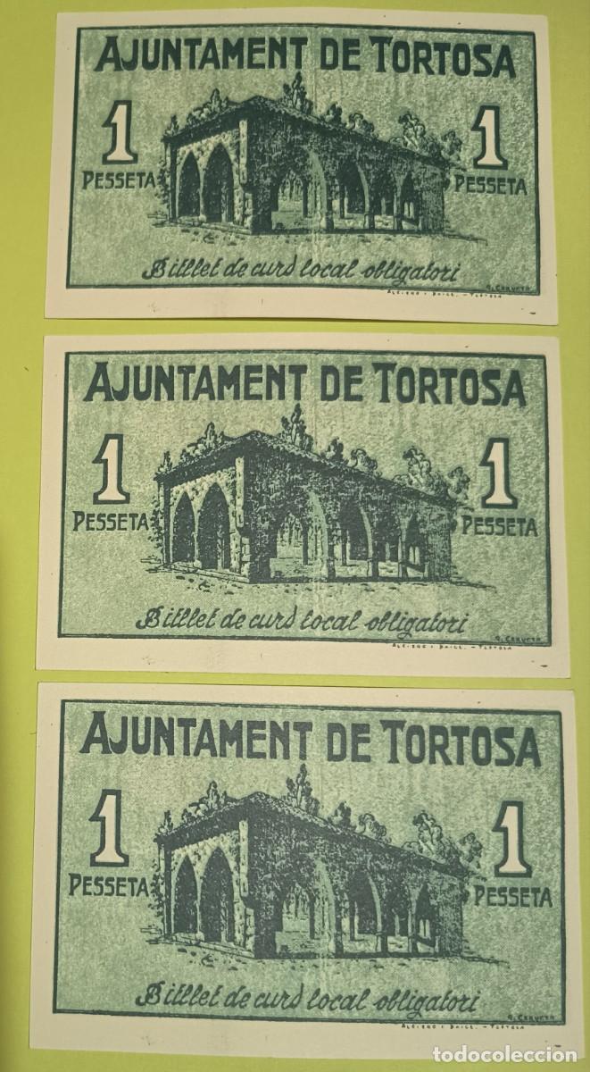 Spanische Banknoten: 3 billete 1 peseta Tortosa 1937 correlativos guerra civil