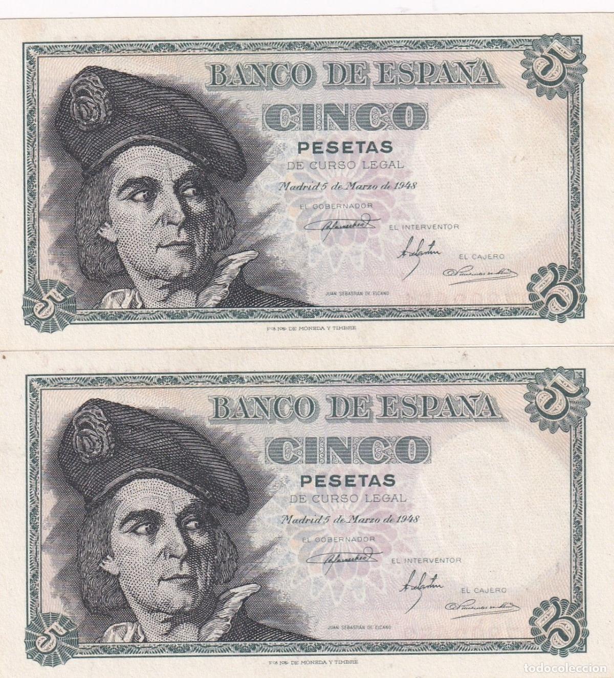 Spanische Banknoten: CRBS1806 PAREJA CORRELATIVA BILLETES ESPA&Ntilde;A 5 PESETAS 1948 SERIE J S/C