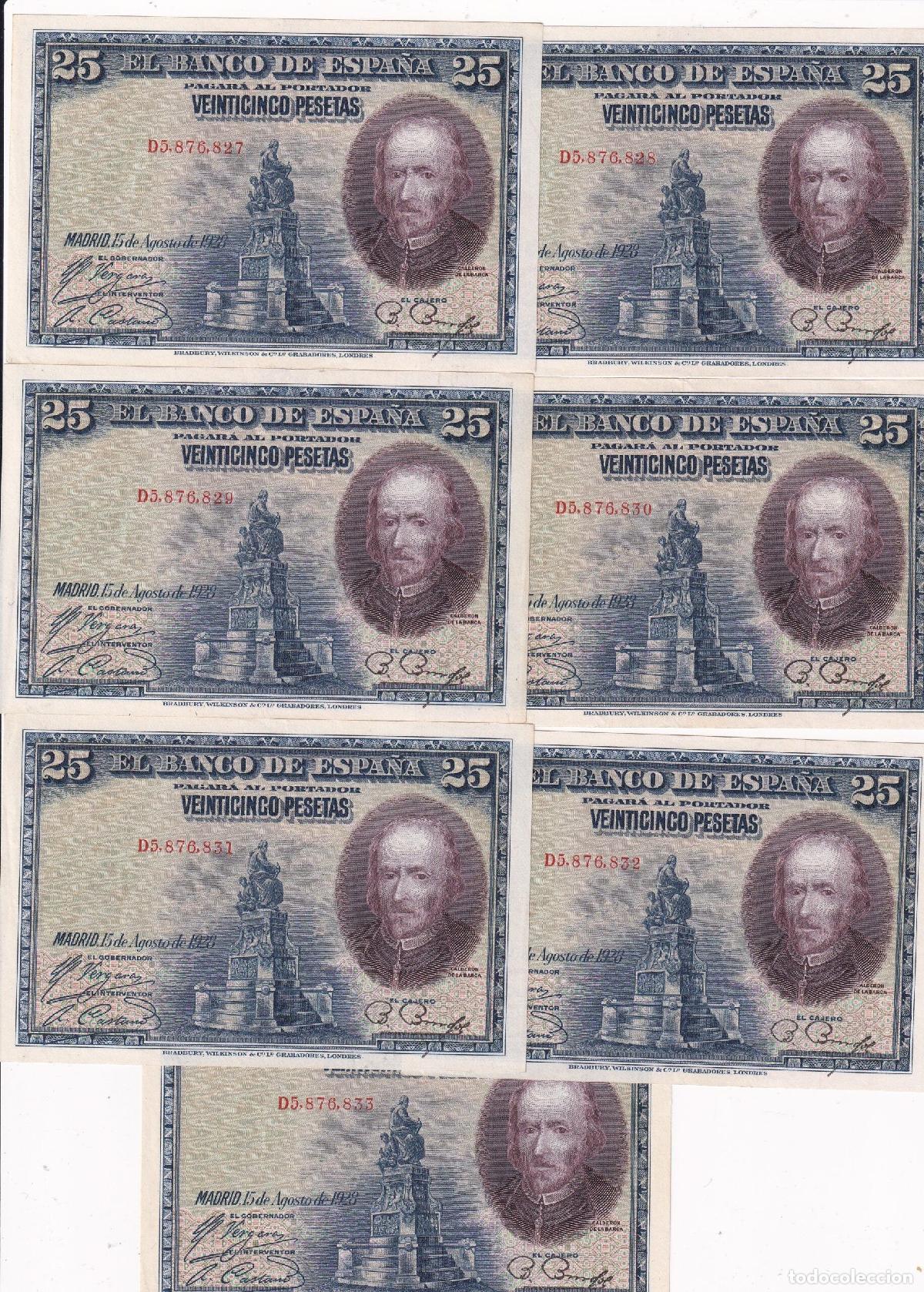 Spanische Banknoten: CRBS1810 LOTE 7 BILLETES CORRELATIVOS ESPA&Ntilde;A 25 PESETAS 1928 SERIE D EBC