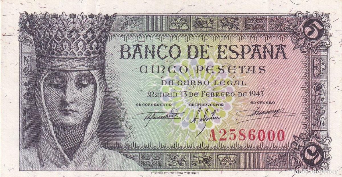 Notas espanholas: CRBS1823 BILLETE ESPA&Ntilde;A 5 PESETAS 1943 SERIE A EBC
