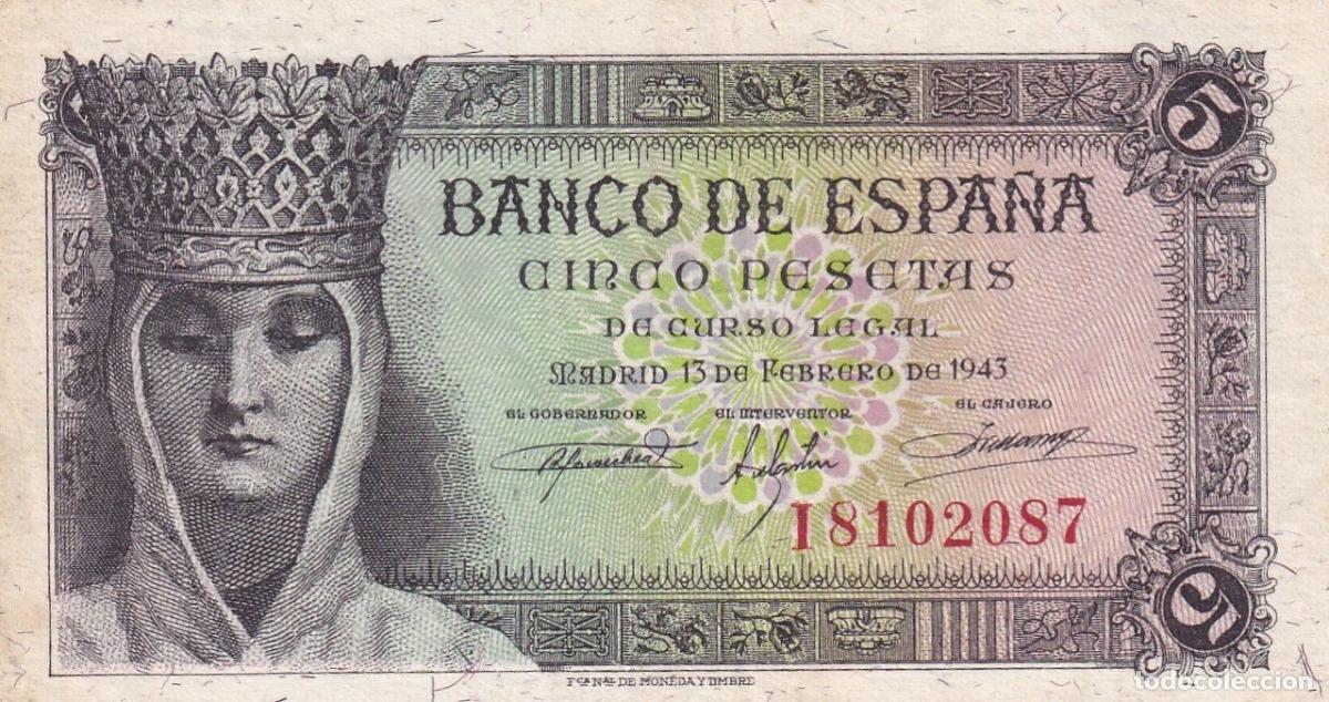 Notas espanholas: CRBS1825 BILLETE ESPA&Ntilde;A 5 PESETAS 1943 SERIE I MBC+