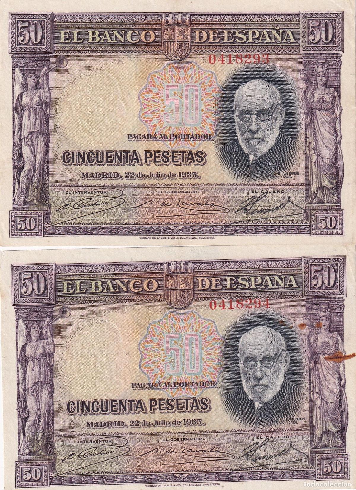 Notas espanholas: CRBS1837 PAREJA CORRELATIVA BILLETES ESPA&Ntilde;A 50 PESETAS 1935 SIN SERIE MBC