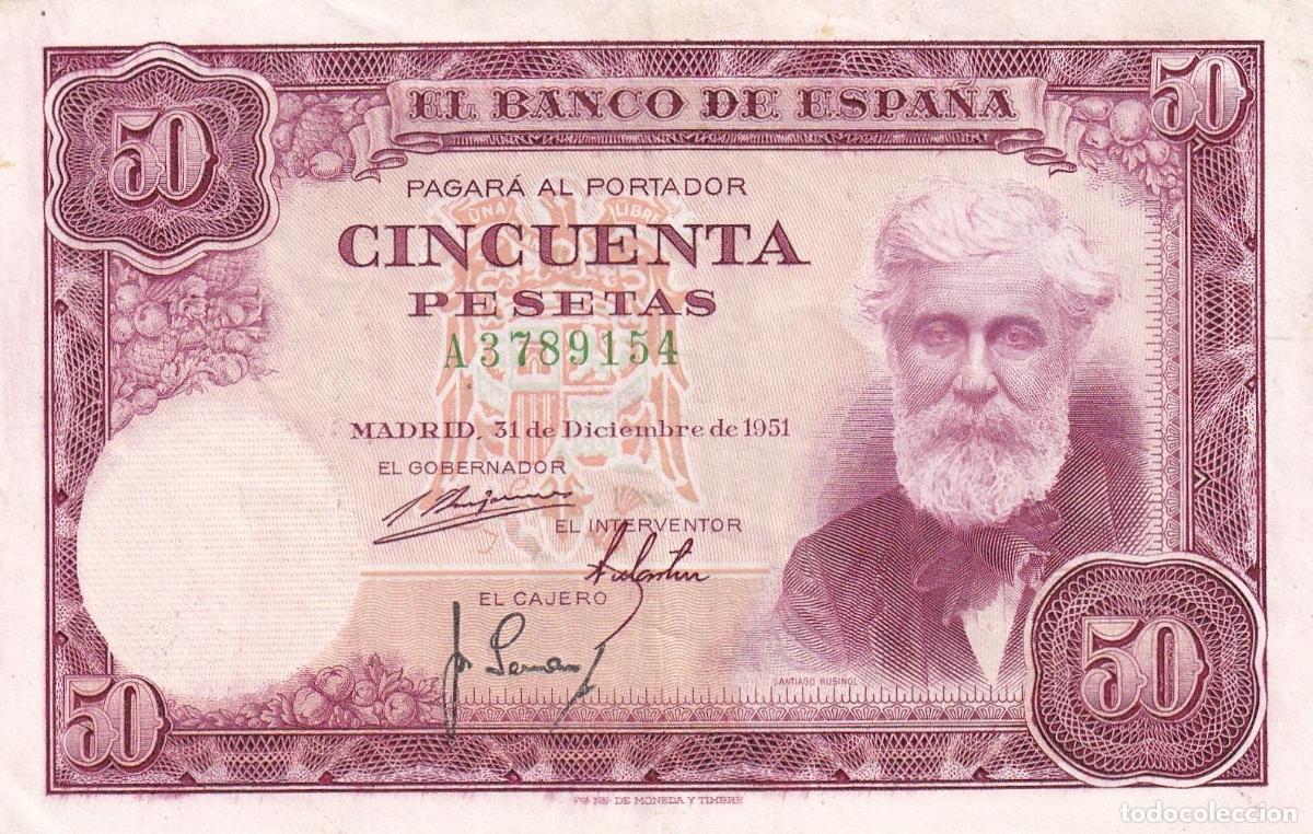 Notas espanholas: CRBS1843 BILLETE ESPA&Ntilde;A 50 PESETAS 1951 SERIE A MBC
