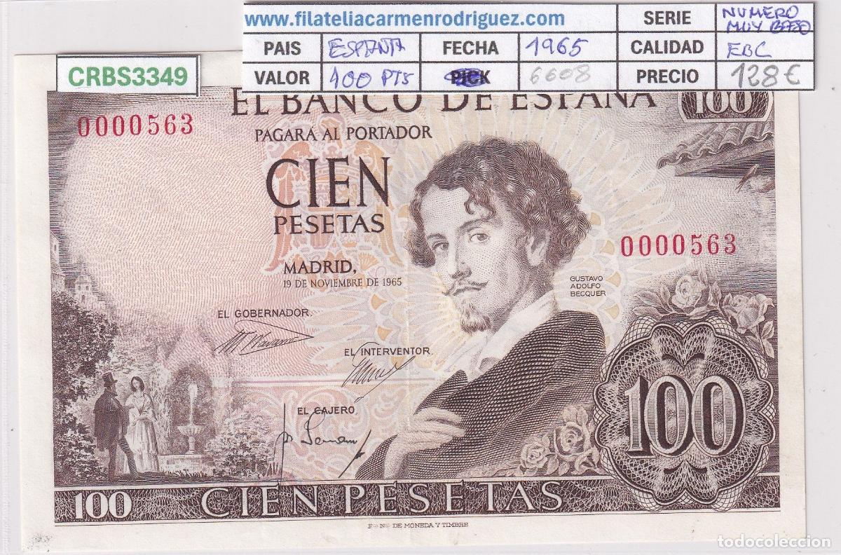 Spanish Banknotes: CRBS3349 BILLETE ESPA&Ntilde;A 100 PESETAS 1965 SIN SERIE EBC NUMERO MUY BAJO