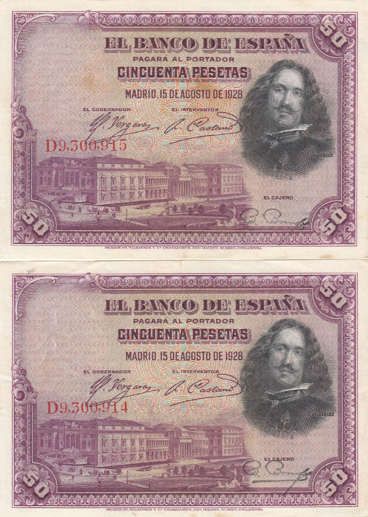 Billetes espa&ntilde;oles: CRBS0144 PAREJA CORRELATIVA BILLETES ESPA&Ntilde;A 50 PESETAS 1928 MBC+