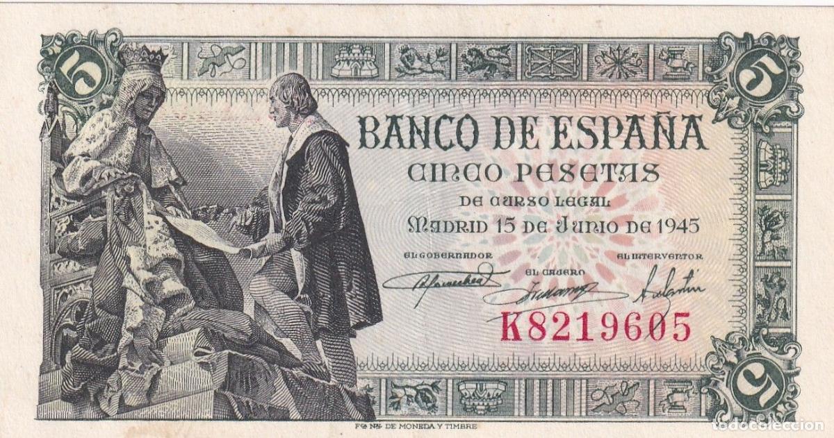 Banconote spagnole: CRBS1963 BILLETE ESPA&Ntilde;A 5 PESETAS 1945 SERIE K EBC