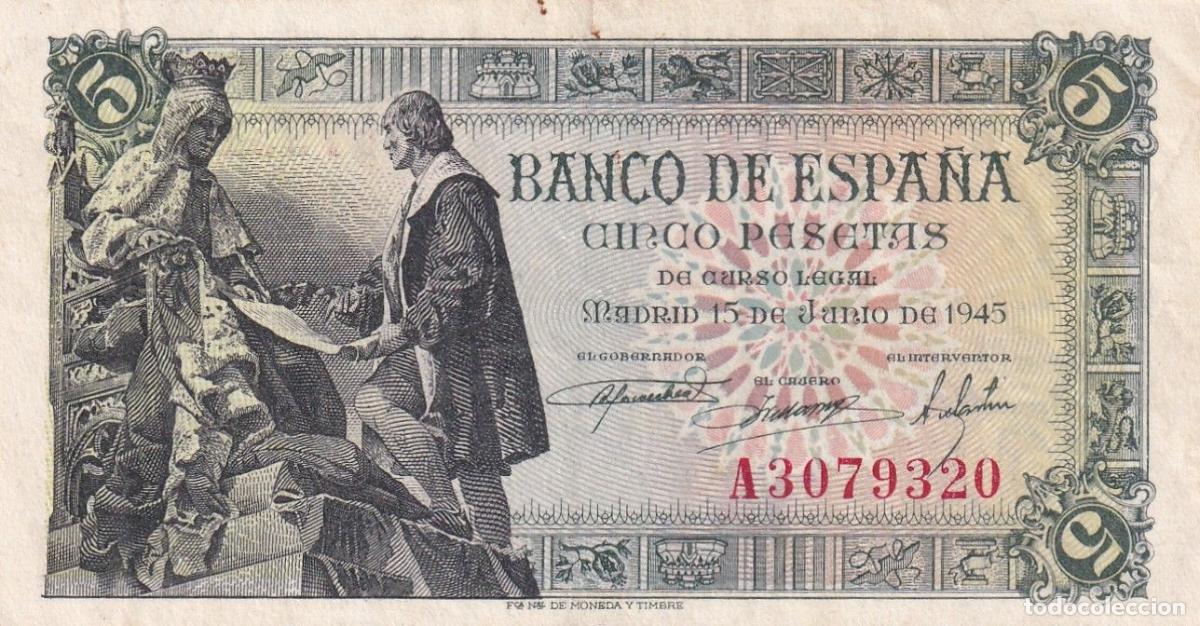 Banconote spagnole: CRBS1968 BILLETE ESPA&Ntilde;A 5 PESETAS 1945 SERIE A EBC-
