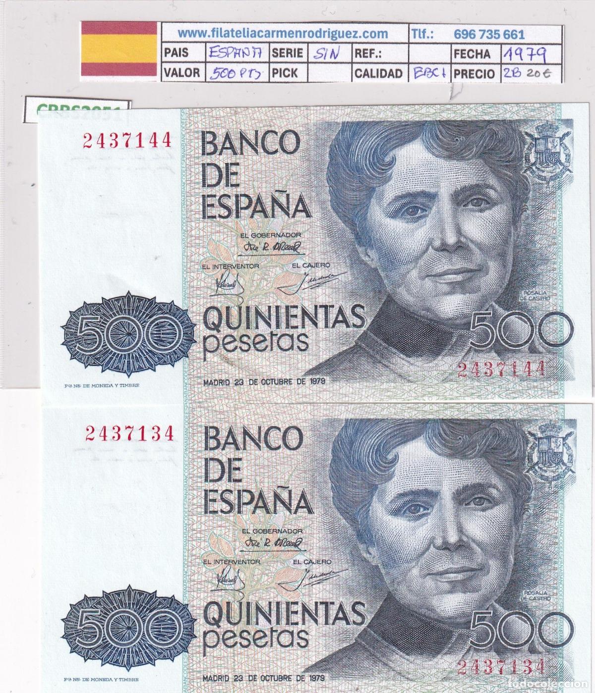 Banconote spagnole: CRBS2051 LOTE 2 BILLETES ESPA&Ntilde;A 500 PESETAS 1979 SIN SERIE EBC+