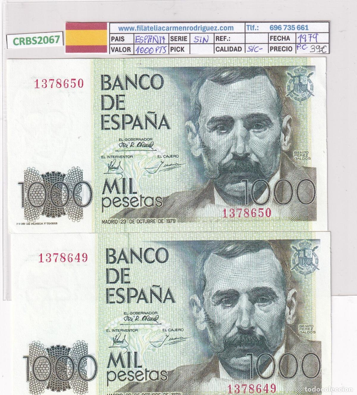 Banconote spagnole: CRBS2067 BILLETE ESPA&Ntilde;A PAREJA CORRELATIVA 1000 PESETAS 1979 SIN SERIE S/C-