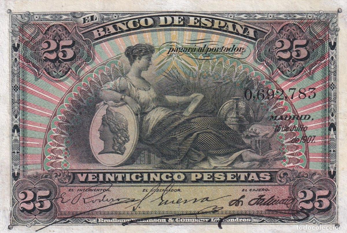 Banconote spagnole: CRBS2726 BILLETE ESPA&Ntilde;A 25 PESETAS 1907 SIN SERIE RESTAURADO