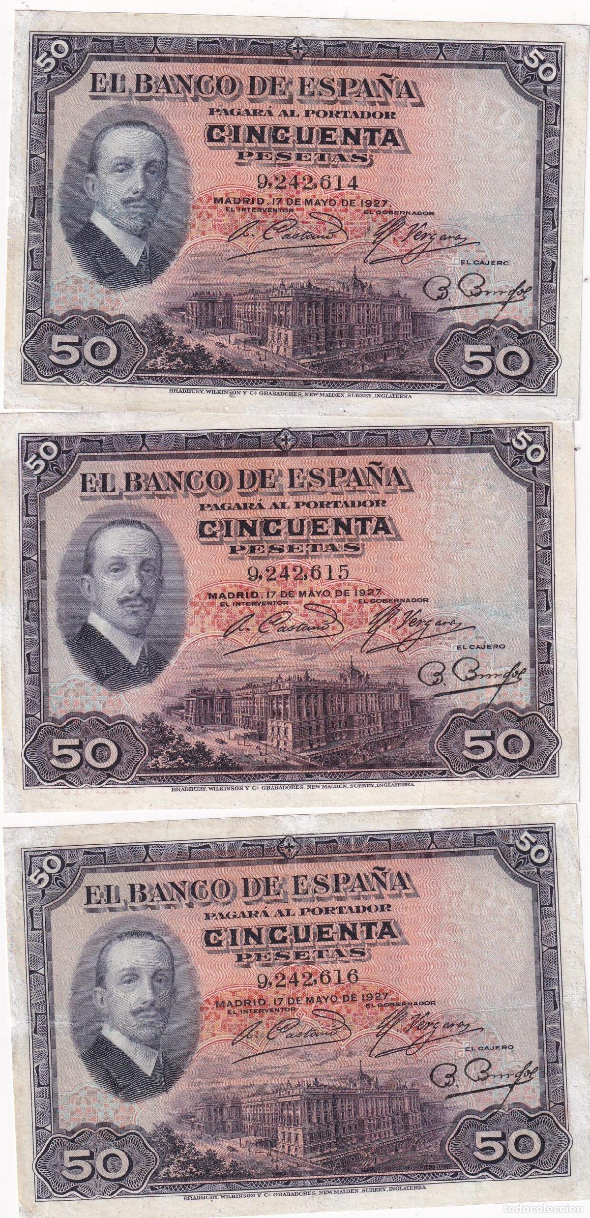 Banconote spagnole: CRBS2730 TRIO CORRELATIVO BILLETE ESPA&Ntilde;A 50 PTAS 1927 SIN SERIE RESTAURADO
