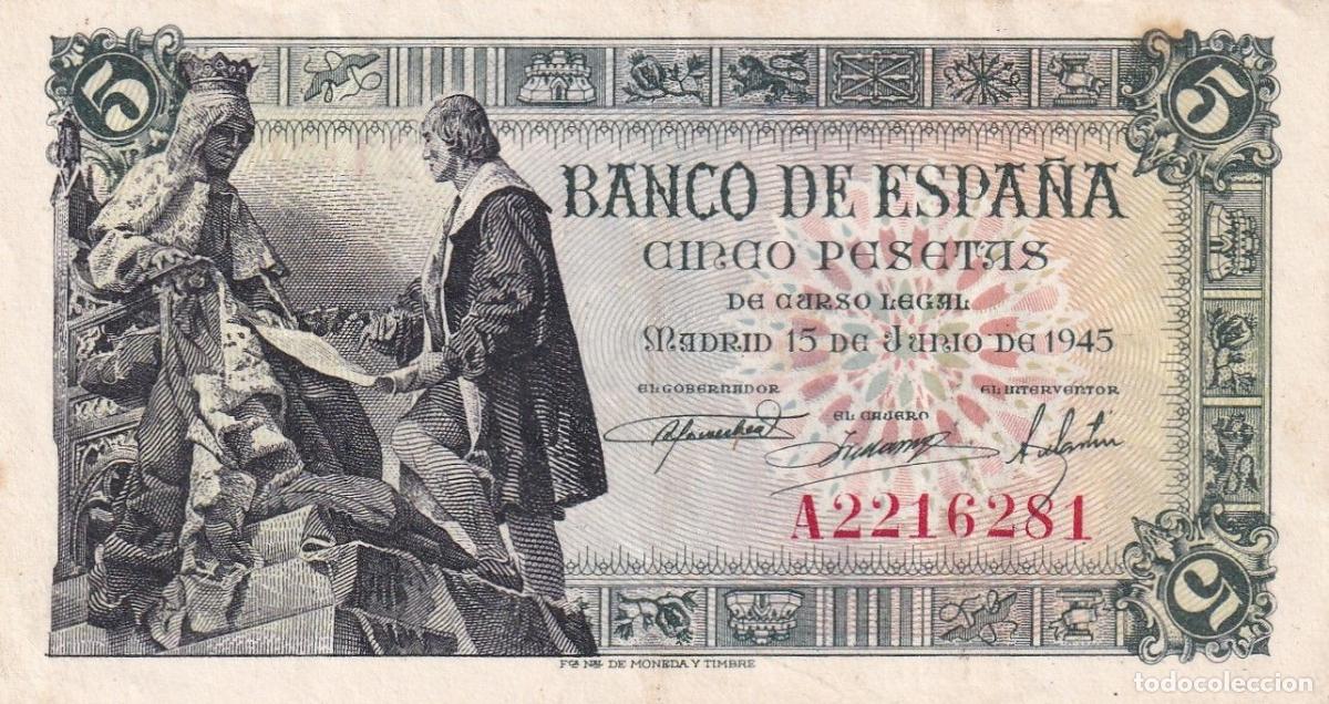 Billets espagnols: CRBS2771 BILLETE ESPA&Ntilde;A 5 PESETAS 1945 SERIE A MBC+