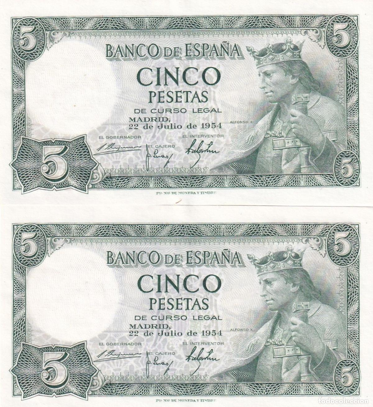 Notas espanholas: CRBS2990 PAREJA CORRELATIVA BILLETES ESPA&Ntilde;A 5 PESETAS 1954 SERIE M SIN CIRCULAR