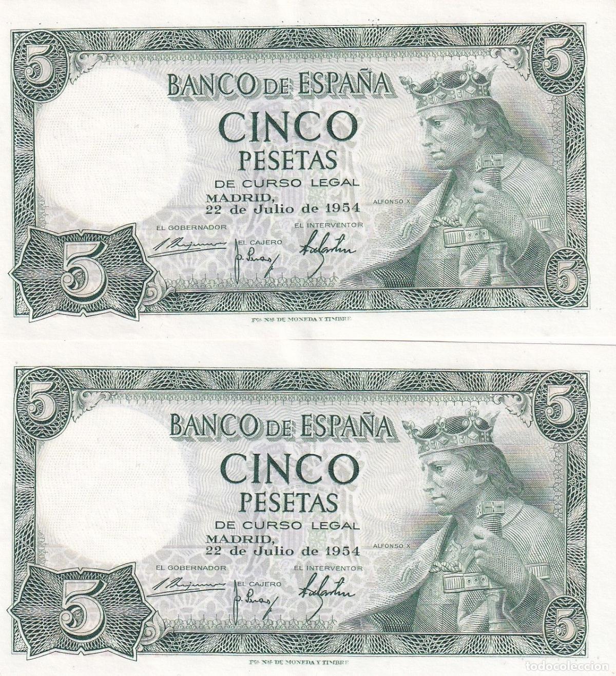 Spanish Banknotes: CRBS2991 PAREJA CORRELATIVA BILLETES ESPA&Ntilde;A 5 PESETAS 1954 SERIE M S/C-