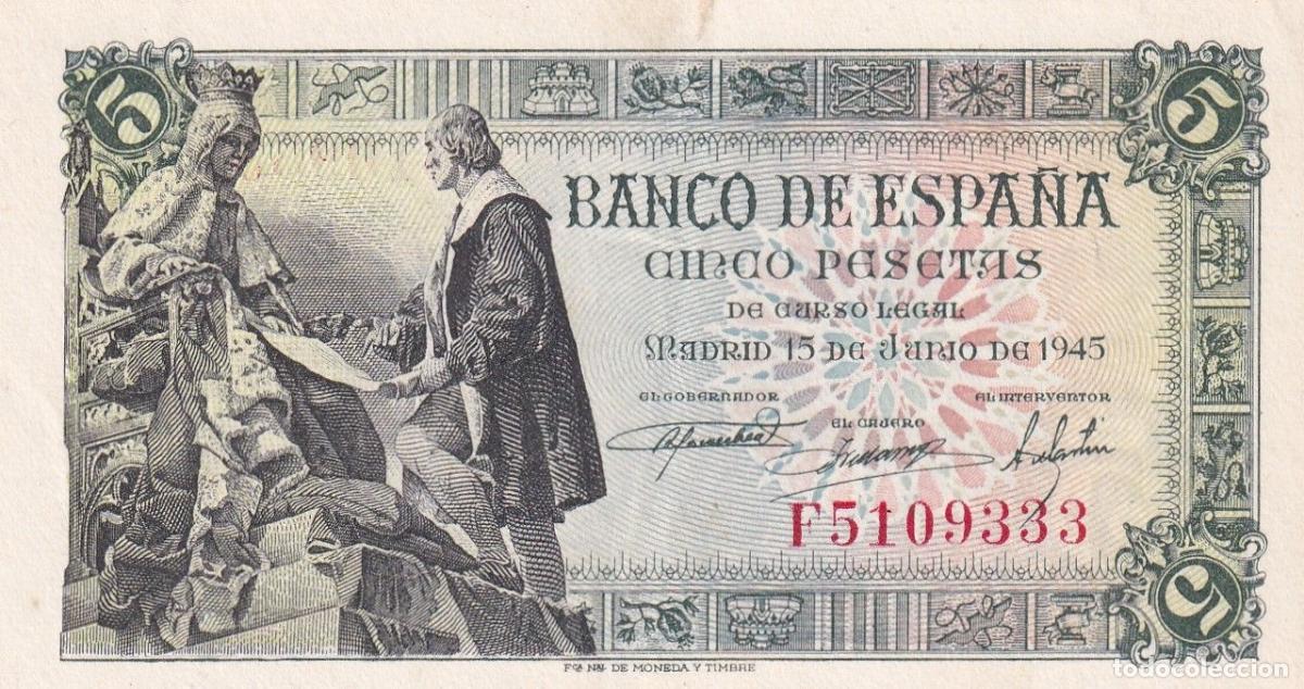 Spanische Banknoten: CRBS3317 BILLETE ESPA&Ntilde;A 5 PESETAS 1945 SERIE F EBC