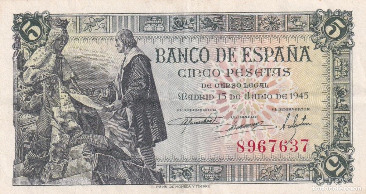 Spanische Banknoten: CRBS3318 BILLETE ESPA&Ntilde;A 5 PESETAS 1945 SIN SERIE MBC+