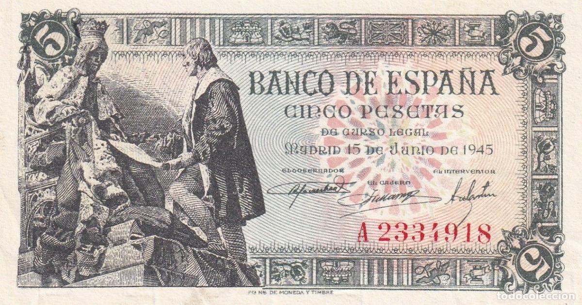 Spanische Banknoten: CRBS3319 BILLETE ESPA&Ntilde;A 5 PESETAS 1945 SERIE A EBC