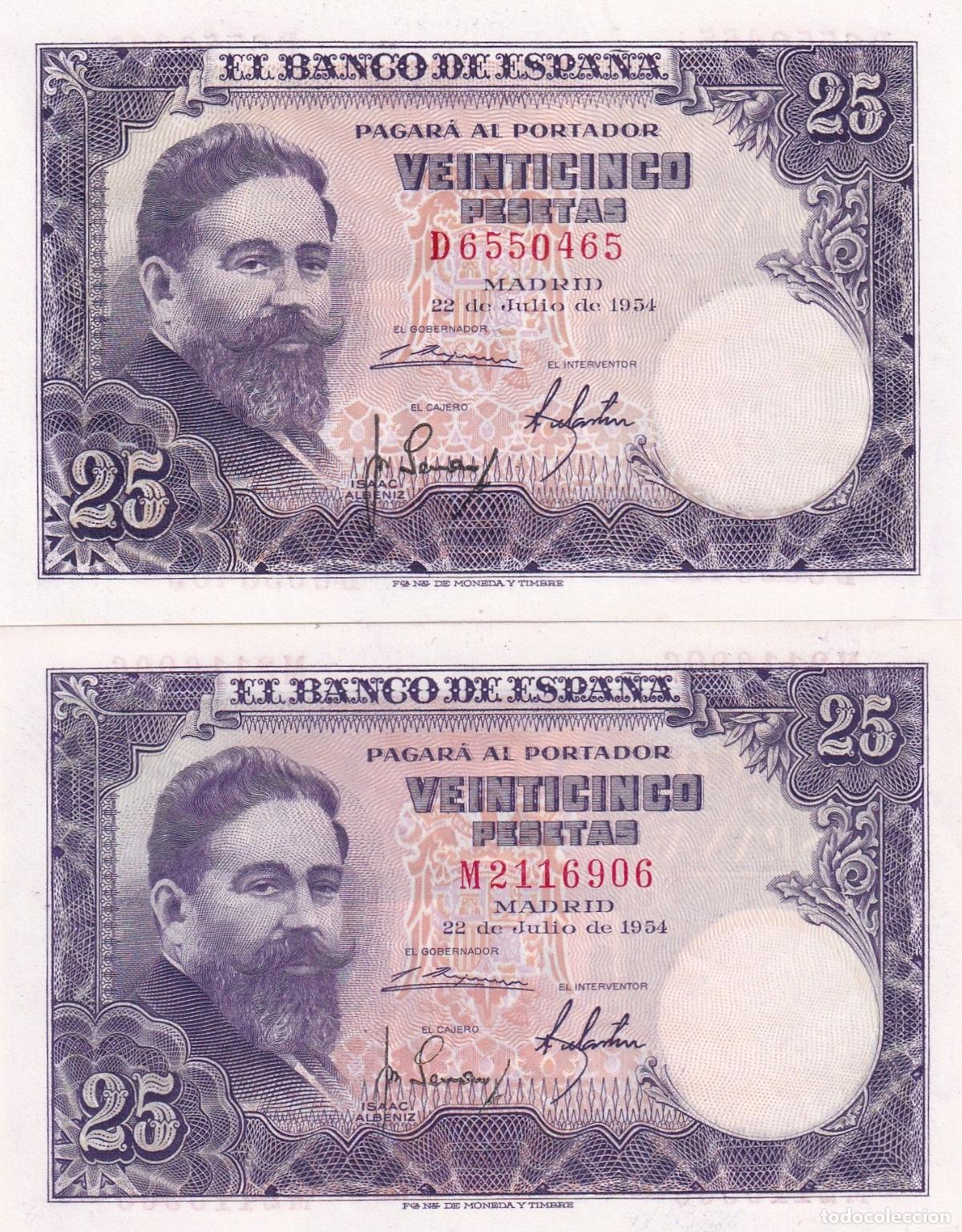 Spanische Banknoten: CRBS3327 LOTE DE 2 BILLETES ESPA&Ntilde;A 25 PESETAS 1954 SERIES D-M S/C-