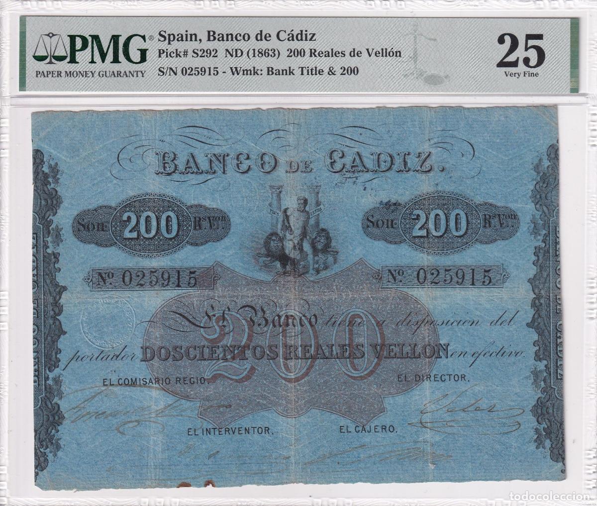 Billets espagnols: CRPMG052 BILLETE ENCAPSULADO BANCO DE CADIZ 200 REALES DE VELLON 1863 PMG 25