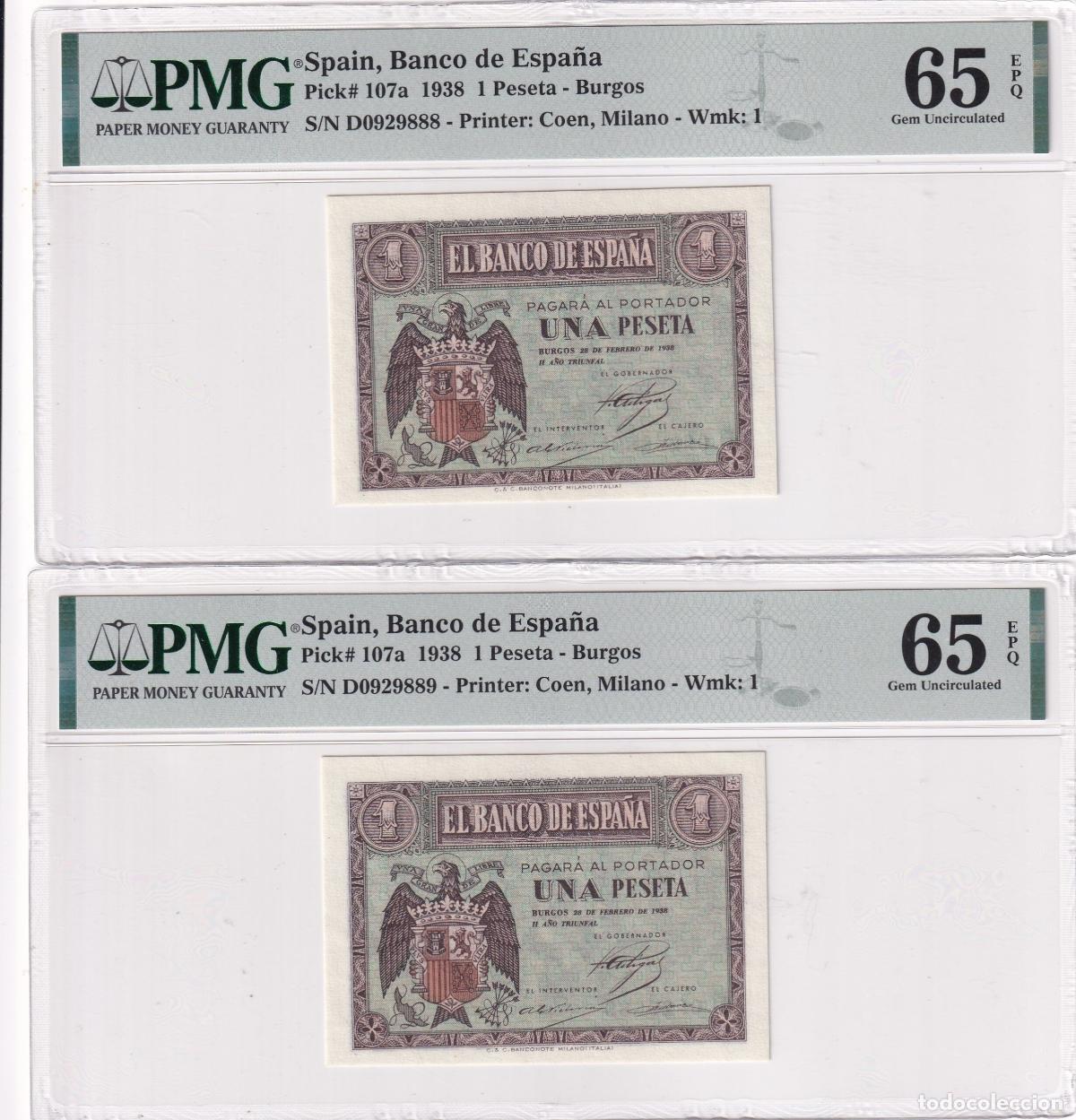 Billets espagnols: CRPMG056 PAREJA CORRELATIVA BILLETES ESPA&Ntilde;A 1 PESETA 1938 SERIE D ENCAPSULADO PMG 65